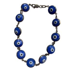 Evil Eye Protection Bracelet With Blue Glass Beads & Metal Links A171